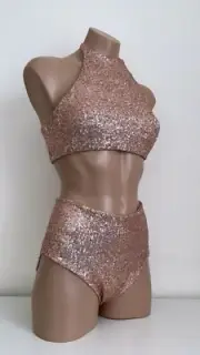 Schminke Goddess sequin pole-dance set gold silver halter top pleasure bottom