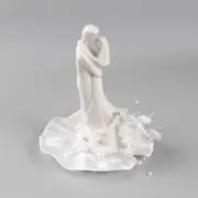 White Glazed Dancing Couple Bride & Groom Cake Topper with Flowing Satin Base