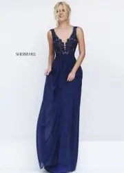 NWT Sherri Hill Navy Blue Lace Flower Elegant Ball Gown Prom Dress Size 00