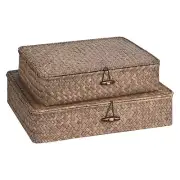 Set of 2 Flat Seagrass Storage Bins with Lid Wicker Storage Baskets for Organ...