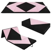 Costway 117x60x20cm 4-fold Gymnastics Mat PU Leather Tumbling Exercise Mat for Home Gym Yoga Fitness Black Pink