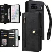 [YocoverTech] for Google Pixel 7 5G Case,for Google Pixel 7 5G Wallet Case[6 Card Slots and 1 Zipper Coin Pocket] PU Leather Stand Flip Cover with Wrist Strap[6.3 inch]-Black
