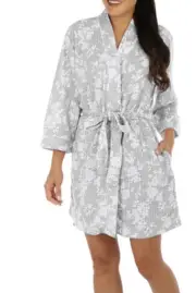 Coral Bay Womens Leaf Print Shawl Collar Waffle Bath Robe Gray New With Tag