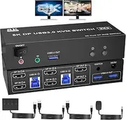 8K USB 3.0 Displayport KVM Switch 2 Monitors 2 Computers 8K@60Hz 4K@144Hz, Dual Monitor Displayport 1.4 KVM Switches with Audio Microphone Output and 3 USB 3.0 Ports, DP Switch for 2 PCs 2 Monitors