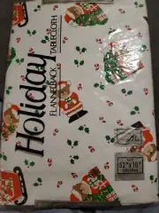 Vintage Holiday Santa Bear Flannel Back Tablecloth Oval 52" x 70" (10/2)