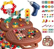 Montessori Toys Tool Set Play Toolbox for Boys Ages 3-12 Years Old, Bear Tool Box Fine Motor DIY STEM Toy, Puzzle Game Toy Set with Electric Drill Screw Tool Set, Creative Kids