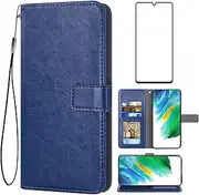 Asuwish Compatible with Samsung Galaxy S21 FE Gaxaly S 21 FE 5G Wallet Case Tempered Glass Screen Protector and Leather Flip Cover Card Holder Stand Phone Cases for Glaxay S21FE5G UW S21FE G5 Blue