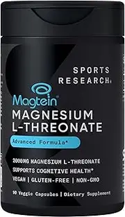 Sports Research Magtein Magnesium L-Threonate Capsules - Magnesium Supplement for Memory, Focus & Cognition - Magnesium L Threonate Supports Brain Health, Sleep & Mood - 2000mg, 90 Capsules for Adults