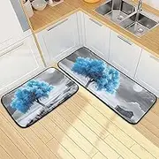 XYMZR Kitchen Mat Tree Blue Landscape Art for Floor, 2 Piece, Non Slip Washable Kitchen Rugs for Kitchen & Home Decor, Sink, Bathroom 19.7” x 27.6” + 19.7” + 47.2”