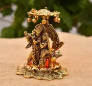 Metal Solid Radha Krishna Idol Murti with Cow Statue