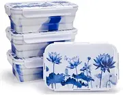 [Annaklin] Collapsible Food Storage Containers with Lids in Blue and White Porcelain China Style, 48oz, 4 Pack, Stackable Silicone Containers for Food Lunch, Microwave Freezer Dishwasher Safe, White