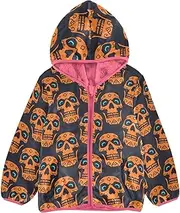 [GuoChe] Girls Sherpa Lined Happy Halloween Orange Skulls Toddler Girl Coat Peach Baby Zip Up Fleece 3-10T