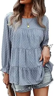 [PRETTYGARDEN] Women's Summer Loose Chiffon Blouse Mesh Long Sleeve Casual Round Neck Peplum Tops