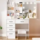 Modern Dressing Table Stool Set Makeup Mirror Desk LED and 6 Drawers White