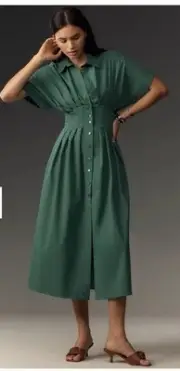 Anthropologie Tobie Button Front Pleated Shirt Dress by Exquise Green XS petite