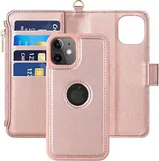 Kitzomi iPhone 11 Wallet Case with Detachable Magnetic Flip Cover and RFID Blocking Credit Card Slots,Premium PU Leather Protective and Zipper Pocket for iPhone 11 Case,Rose Gold
