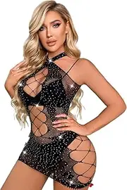 [YIINHEY] Women's Fishnet Bodysuit Rhinestone Mesh Dress One Piece Sparkle Chemise Babydoll Sexy Bodystocking Lingerie Nightwear, Black, One Size