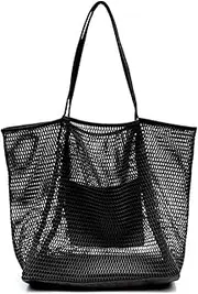 Mesh Beach Bag, Beach Tote Bags for Womens Shoulder Handbag, Large Foldable Mesh Swimming Pool Travel Bags for Beach Vacation Pool Family Travel Essentials, Sandproof