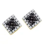 14k Yellow Gold Round Black Diamond Square Earrings 1/3 Cttw