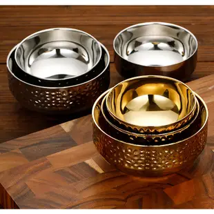 韓系304不鏽鋼碗 錘紋餐具 雙層防燙碗 家用米飯碗 鑽石紋 拉麵碗 金色碗