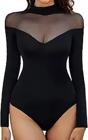 [Aranmei] Women’s Sexy Mock Turtle Neck Long Sleeve Shirts Sheer Mesh Geo Print Going Out Bodysuit Tops