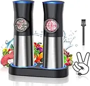 Gravity Electric Salt and Pepper Grinder Set - USB Rechargeable Automatic Grinder - Generous Capacity - Adjustable Fineness - One Handed Operation, Stainless Steel Construction, LED Light