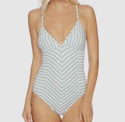 $304 Splendid Women's White Blue Striped V-Neck Cross-Back One-Piece Swimsuit M