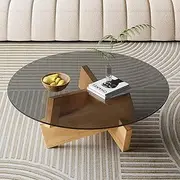 LIODUX Round Coffee Table, 80x80x31CM Mid Century Glass Coffee Table for Living Room, Vintage Unique Center Tables with Solid Wood Legs, Tempered Glass Top, for Small Spaces (Wood)