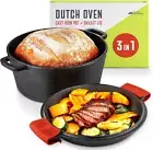 Cast Iron Dutch Oven Pot with Lid, 3-In-1, 5 Quart Cast Iron Dutch Oven with Cas