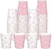 Whaline 100Pcs Pink Bow Paper Cups 9 oz Disposable Coffee Cups Bow Theme Birthday Party Cups for Wedding Bridal Baby Shower Party Supplies