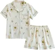 [ChangNanJun] Women Cotton Squirrel Print Pajama Sets Short Sleeve Button Down Pj Lounge Sets with Shorts