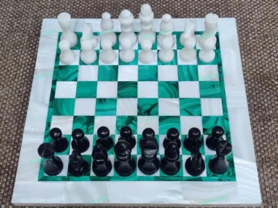 White Marble Chess Board with Malachite Inlay & Complete Set – Perfect Valentine