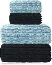[YURIRIA] 4 PCS Ultrasoft Coral Towel Set Bath Towels Large Absorbent Hand Towel for Bathroom, Hotel, SPA, Sports, Pool (Black+Blue)