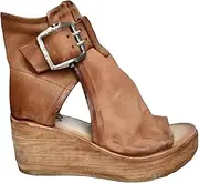 [NICETOW] Wedge Sandals for Women, Ankle Strap Vintage Rome Soft Leather Closed Toe Anti-Slip Platform Sandals Buckle Ankle Strap Peep Toe Shoes Comfy,Brown,39EU