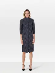 Navy Silk Polkadot Shirt Dress