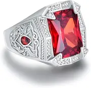 [PYTALI] Square Garnet Gemstone Ring for Men Sterling Silver Oxidized Men's Ring Vintage Retro Jewelry