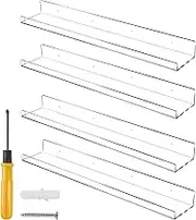 61 CM Clear Floating Shelves 4 Pack Acrylic Shelves Invisible Floating Wall Ledge Bookshelf, Jansburg 5MM Thick Book Display Shelves Wall Mounted Bathroom Kitchen Organizer