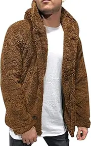 [Zylphorix] Men Single Breasted Hooded Faux Fur Coat Open Front Classic Faux Fur Jacket Winter Warm Cozy Solid Outerwear