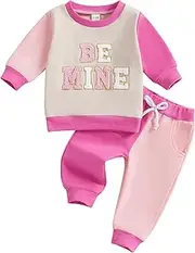 [Karuedoo] Toddler Baby Girl Valentines Day Outfit Letter Embroidery Crewneck Long Sleeve Sweatshirt Top and Pants Set