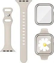 3-IN-1 for Thin Apple Watch Band 40mm 41mm 44mm 45mm with Case & Screen Protector, Slim Skinny Silicone Sport Strap and Cover with 9H Tempered Glass for iWatch Series SE SE2 9 8 7 6 5 4 for Women