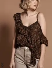 New One Teaspoon Africa Ashely Top Womens XS Off Shoulder Blouse Leopard Tobacco