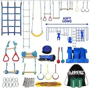 Ninja Warrior Kids Obstacle Course, 65 FT Durable Slackline with 7 Obstacles-Swings, Monkey Bars, Arm Trainers and More, Weatherproof Outdoor Obstacle Course for Backyard, Gym, Field