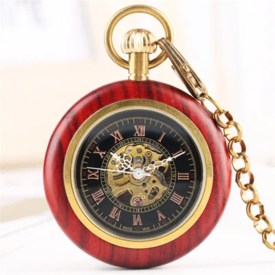 Antique Red Sandalwood Roman Number Manual Mechanical Pocket Watch FOB Chain