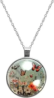 [Diusye] Necklaces for Women, Butterflies Flying on Cosmos Flowers Print Stainless Steel Pendant Necklace Jewelry Birthday Anniversary Wife Girls Friends Gift