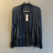 Piazza Del Tempo Wmn SZ L Navy Blue Drape Peplum Sheer Hem Open Front Jacket NWT