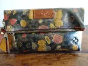 PATRICIA NASH Valerie OLIVE DENIM FIELDS Floral LEATHER Foldover WRISTLET CLUTCH