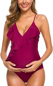 [Tempotrek] One Piece Maternity Swimsuits Ruffle Flounce Swimwear Falbala Halter Monokini Deep V Neck Bathing Suits