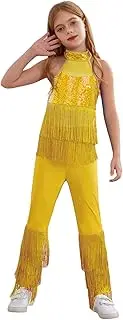 [inhzoy] Fringed Dance Unitards for Kids Girls Disco Jazz Dance Party Costume Tassels Sequins Jumpsuit Bodysuit