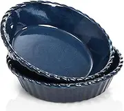 Peohud 2 Pack Ceramic Pie Pans, 10 Inch Deep Fluted Pie Plate, 54 Ounce Round Baking Dish for Quiche, Apple Pecan Pie, Pot Pie, Blue