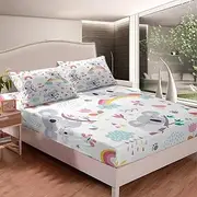 Kids Cute Koala Bed Sheet Set Cartoon Animal Rainbow Fitted Sheet Girls Lovely Floral Flowers Bedding Set for Children Toddler Colorful Bed Cover Ultra Soft Room Decor Full Size